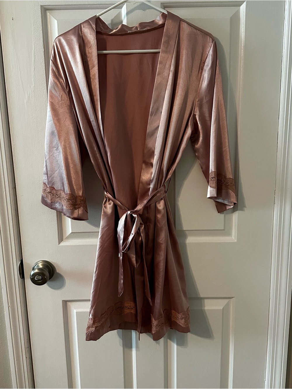Satin Lace-Trim Robe - Dusty Rose